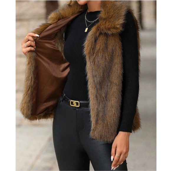 Luxe Vegan Fur Wide Collar Open Front Vest S M L XL - Picture 5 of 5